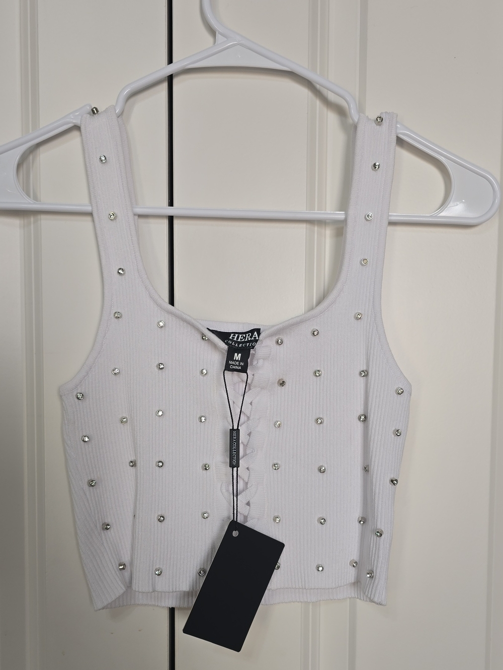 Hera Collection White Ribbed Tank with Stud Embellishments